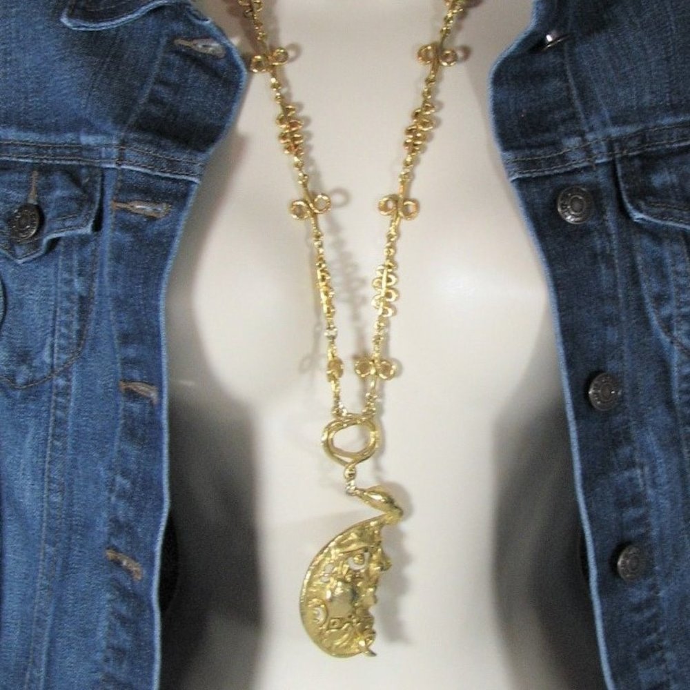 Gold Bronze Necklace Aztec Tribal Style 15" Costume Jewelry Statement Piece